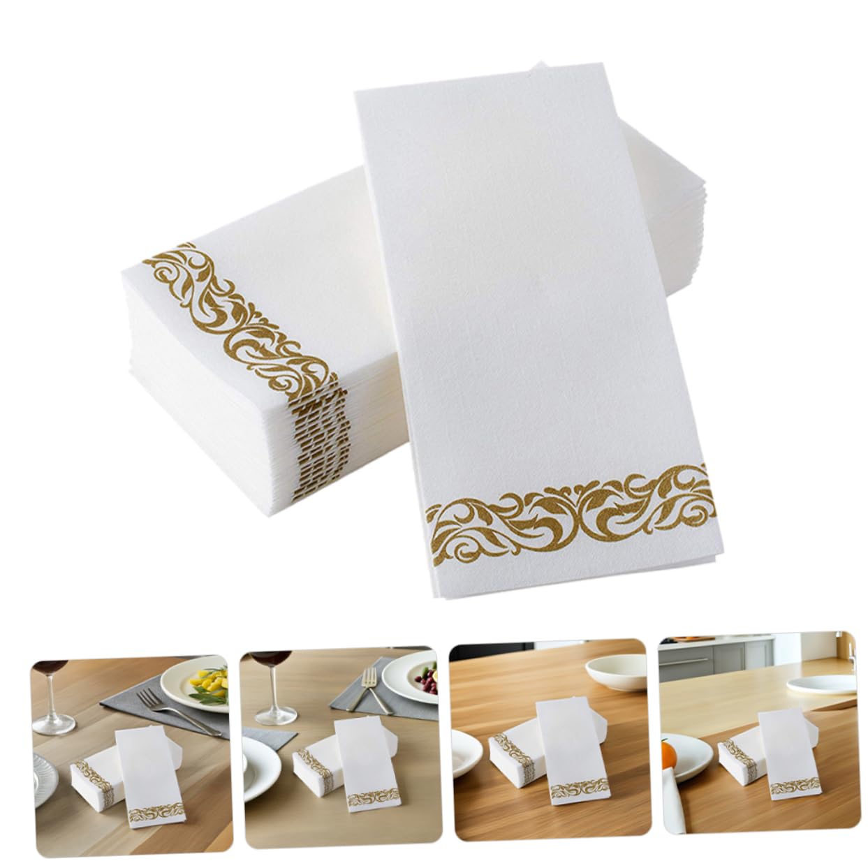 Anneome 75 Stück Fach Gefaltete Bedruckte Papier Servietten Staubfrei Europäischer Stil Vielseitig für Hochzeiten Formelle Dinner und Bbqs Goldene Muster