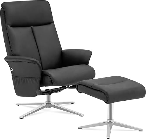 Miniatura 10 de MCombo reclinable giratorio con otomana, sillón moderno con base de aluminio resistente, silla de salón de piel sintética para sala de estar,