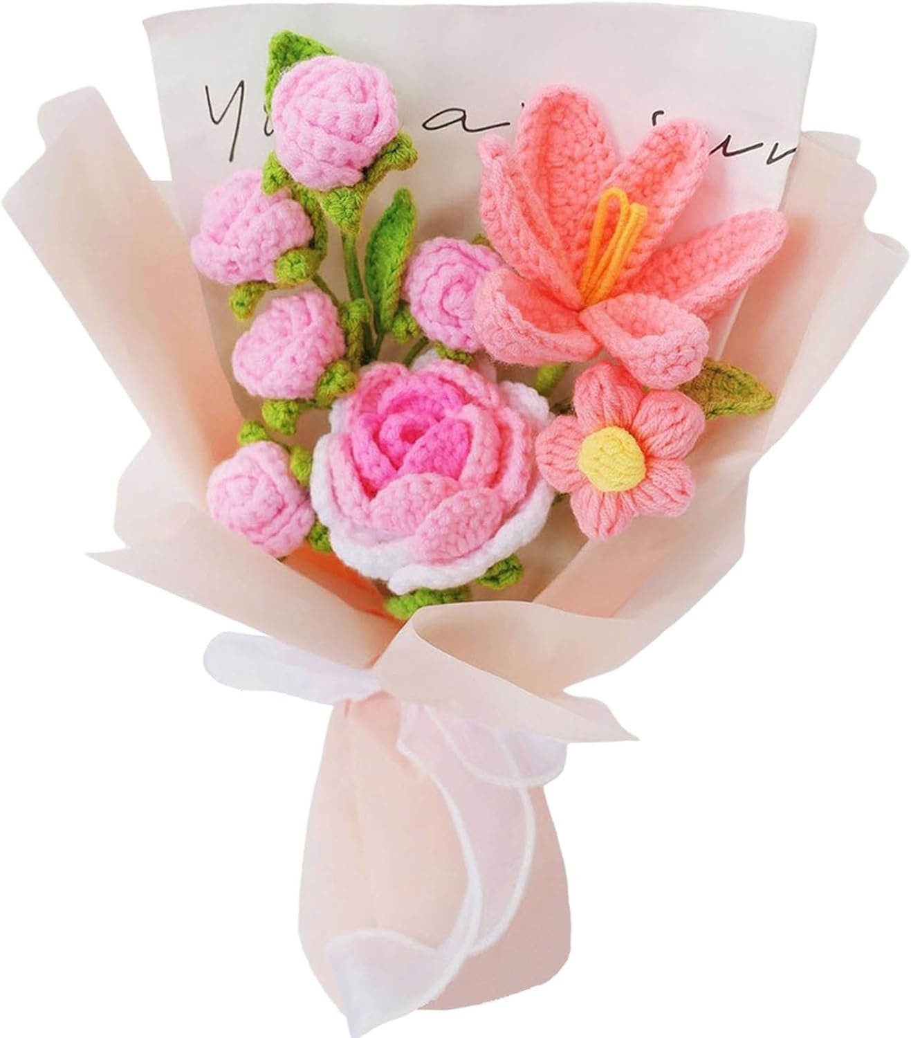 Crochet Flowers Bouquet, Handmade Crochet Rose Bouquet Pink,Knitted Flower Crochet Rose Tulip Daisy for Birthday Wedding Home Decor,Valentines Day, Mothers Day,Thanksgiving