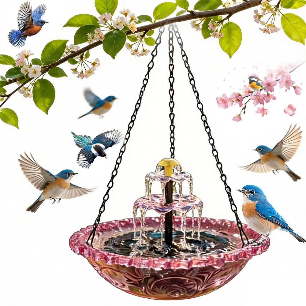 Solar Cascade Hanging Bird Bath Fountain, Solar Powered Birdbath Water Fountain Pumps Dispenser Outdoors Decor, Weatherproof Hanging Water Feature to Attract Wild Birds & Hummingbird