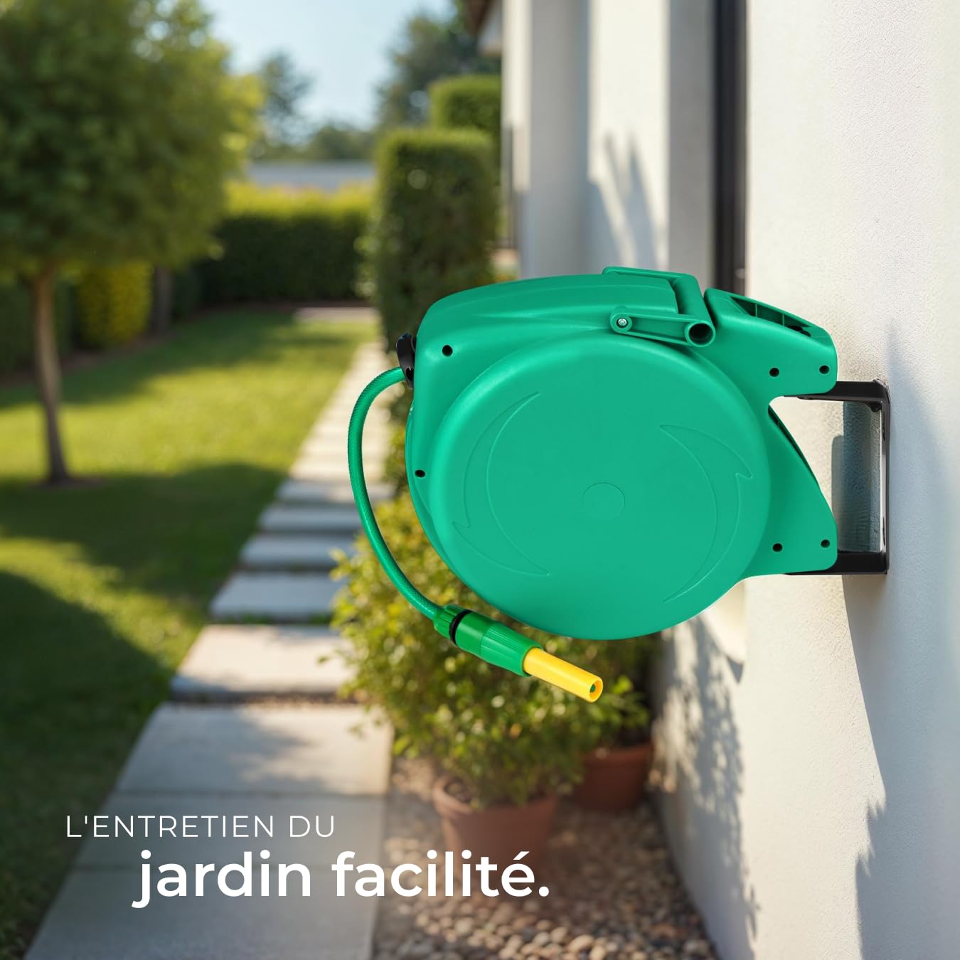 tectake® Enrouleur tuyau arrosage Dévidoir mural Enroulage automatique régulier avec guidage Tuyau arrosage 10m et Lance à eau inclus, Support mural pivotant à 180°, Dévidoir Jardin Jardinage Terrasse