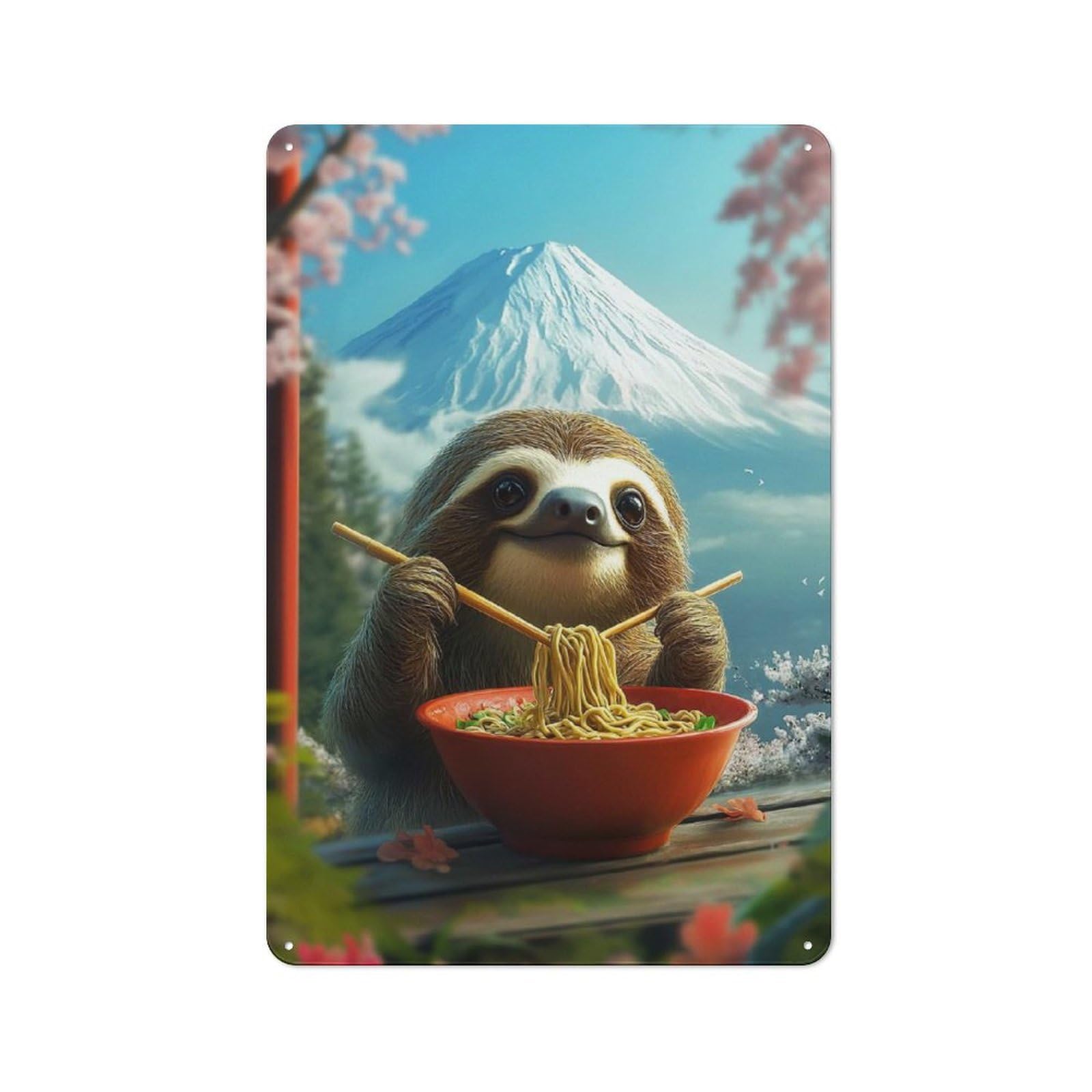 Junmoney Sloth Eating Ramen In Japan Mt. Fuji For Living Room Or Hallway, Rustic Metal Sign 30X20cm, For Home Interiors, Feature Walls And Decorative Displays