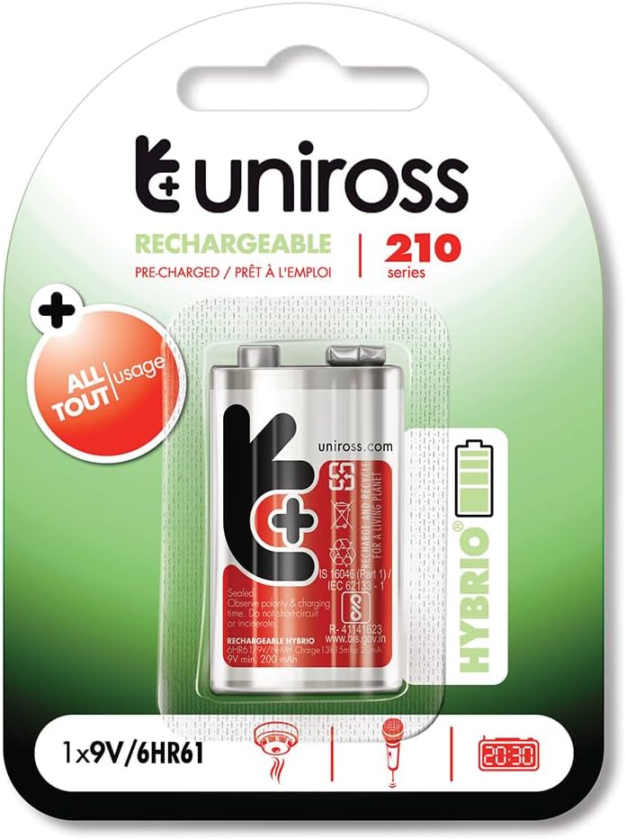 Uniross 9V Rechargeable Battery | Holds Power for Upto 5 Years | Pre-Charged | Compatible for High Drainage Devices | Ni-MH | 210 mAh Capacity