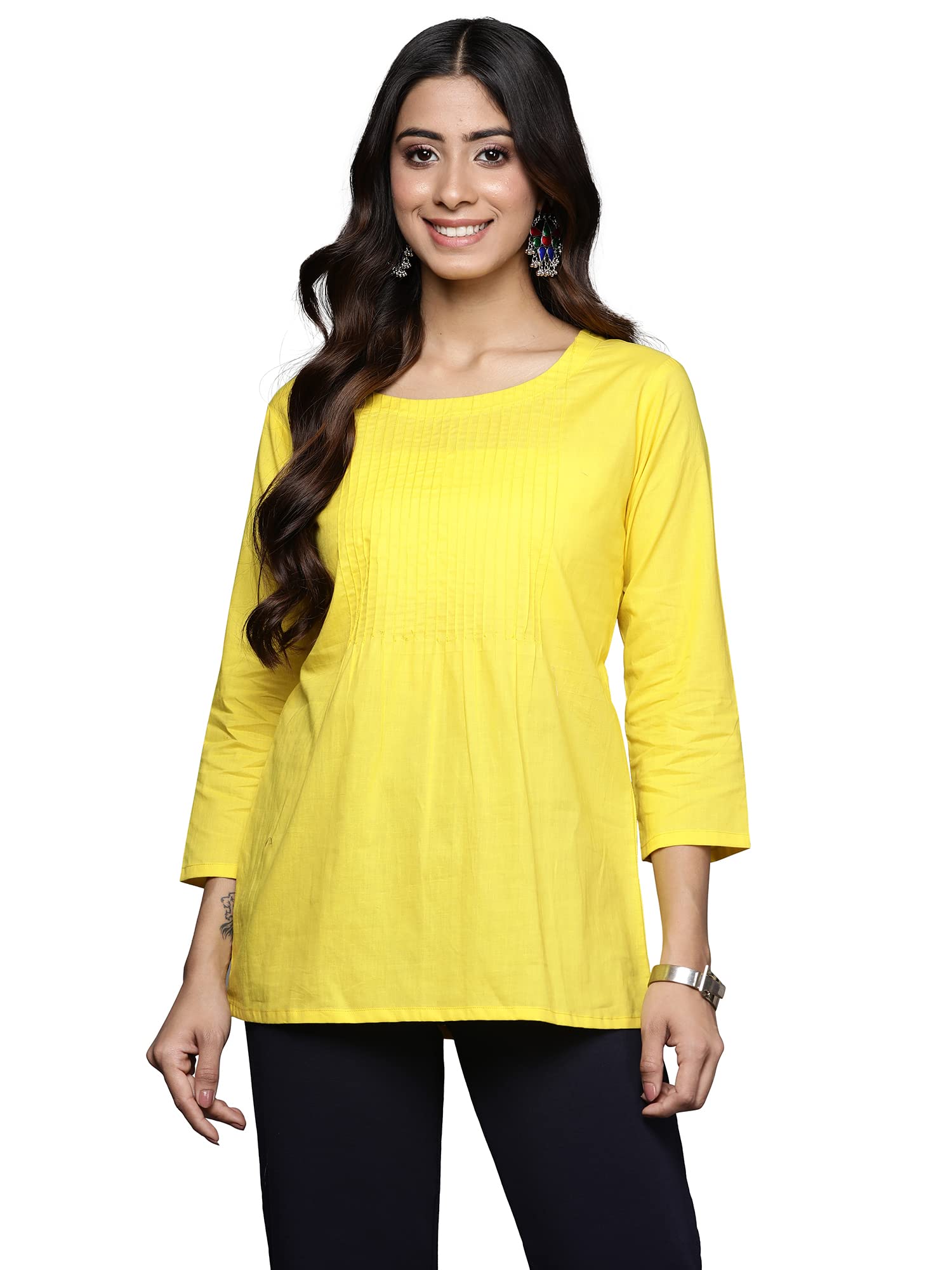Indo Era Women's Cotton Solid Regular Casual Tunic Top (TP0YL5009_Yellow_S to XL-Size) in yellow