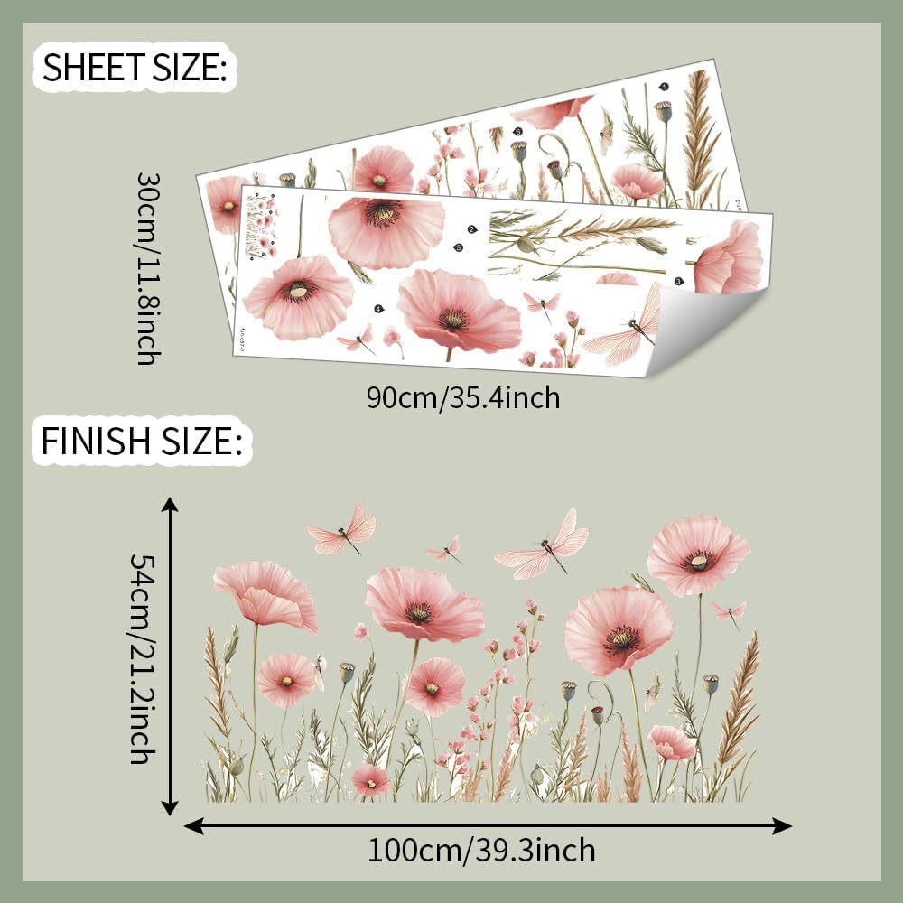 Esmee Wall Stickers Pink Floral Flower Dragonfly Peel and Stick Wallpaper for Art Decoration, Children's Bedroom, Bathroom, Living Room