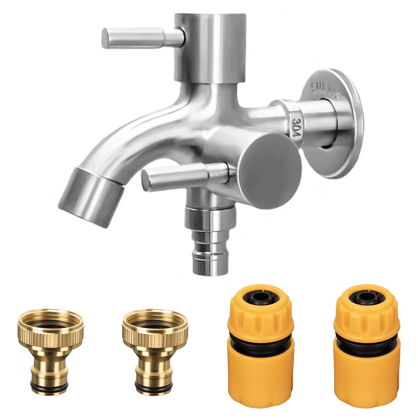 Double Garden Tap with 1/2 Inch Brass Water Faucet,Double Water Butt Replacement Faucet, with Connection Outlet Tap Ball Valve Outside Faucet 2 Quick Connect Garden Hosepipes for Washing Machine
