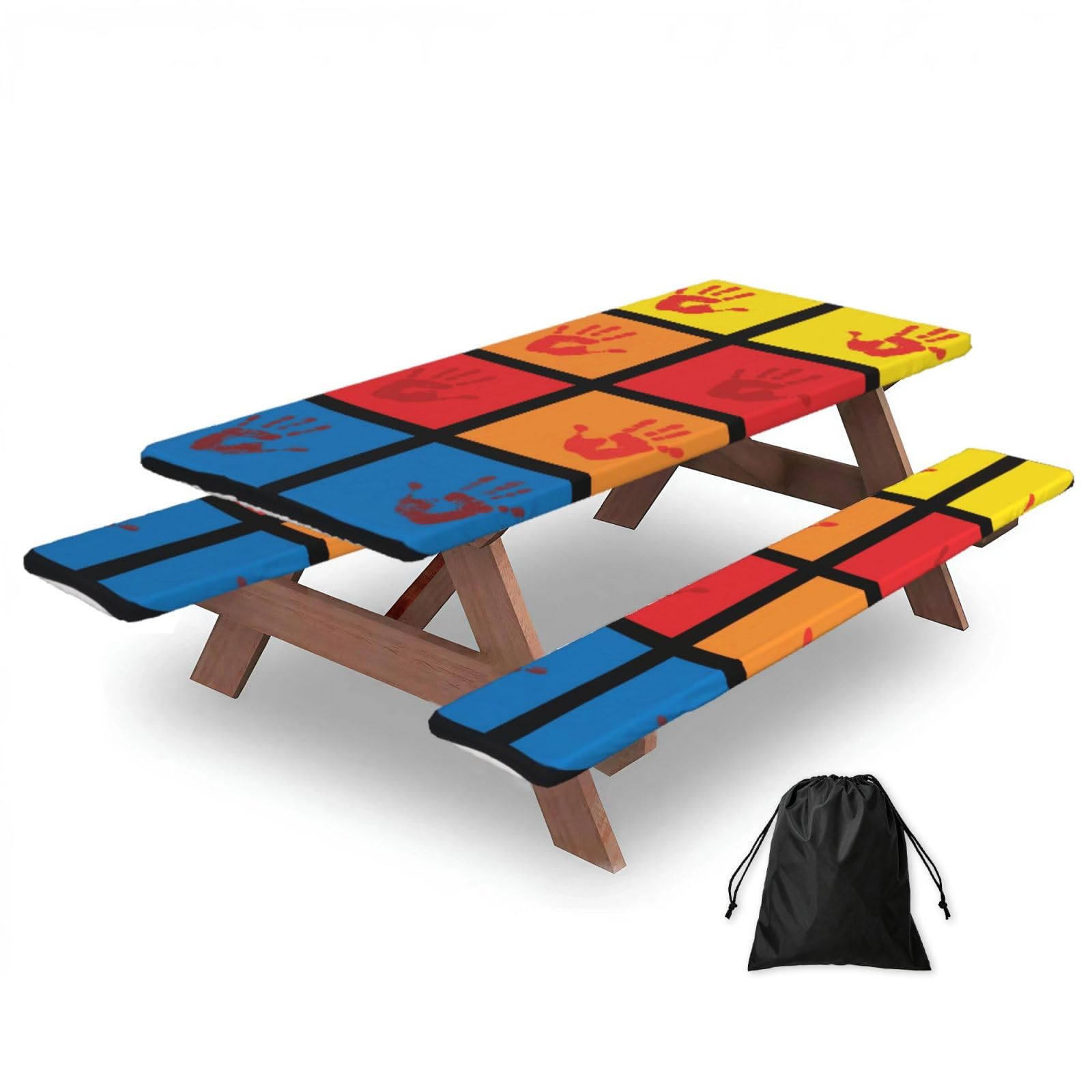FekiLoot Handprints Picnic Table Cover with Bench Covers and Bag, Windproof Waterproof Rectangle Tablecloth with Elastic Edges Fitted Camping Table Covers for Picnic Party Travel