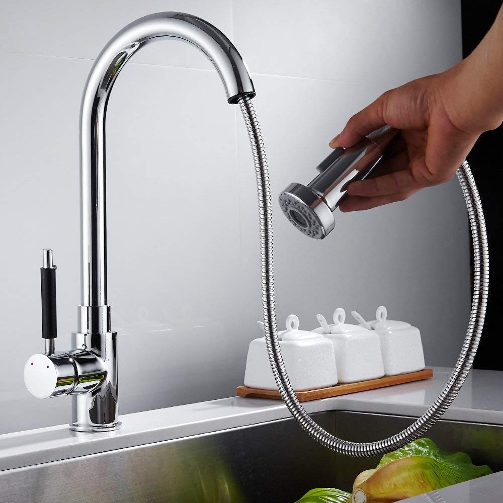 Grifo monomando para fregadero de cocina Grifo monomando para fregadero con rociador extraíble - Grifo monomando de cuello de cisne de arco alto con caño giratorio - Grifo monomando de cromo pulido