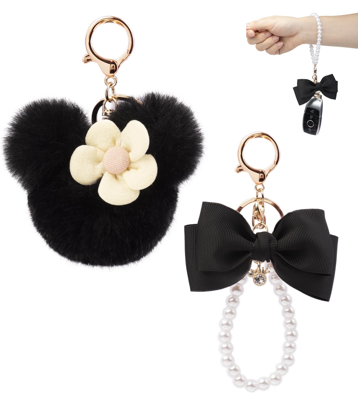 HONYJOOM Keychain Cute, Key Chain Women, Pom Pom Keychain, Pearl Key Chains Bow Backpack Bag Purse Charm, Key Wristlet (Black Keychain)