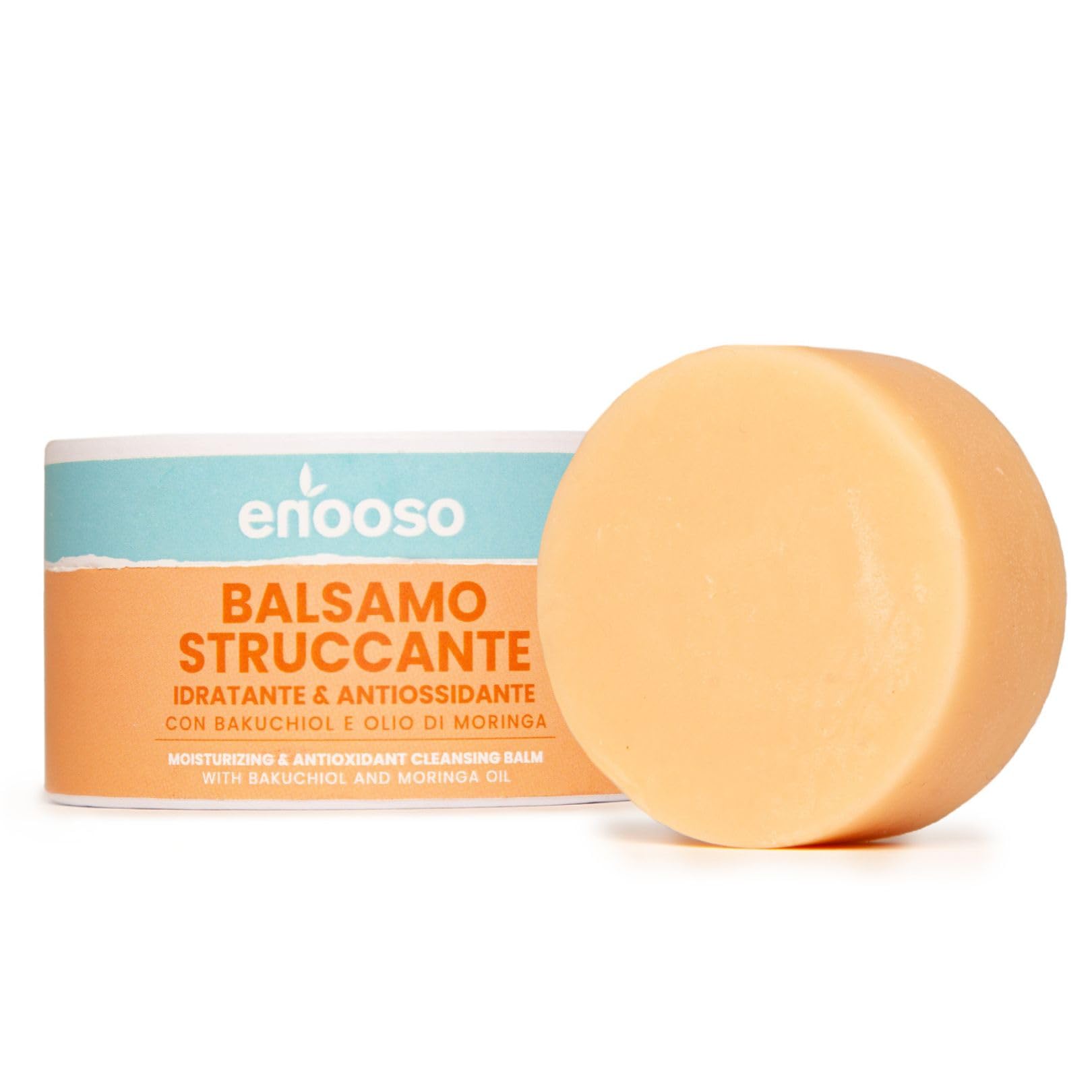 Enooso - Burro Struccante Viso e Occhi Waterproof, Sollievo Immediato e Antiossidante, Balsamo Struccante Solido Idratante con Bakuchiol, Vitamina E, Olio di Moringa e Cocco, Pelli Sensibili, 50g