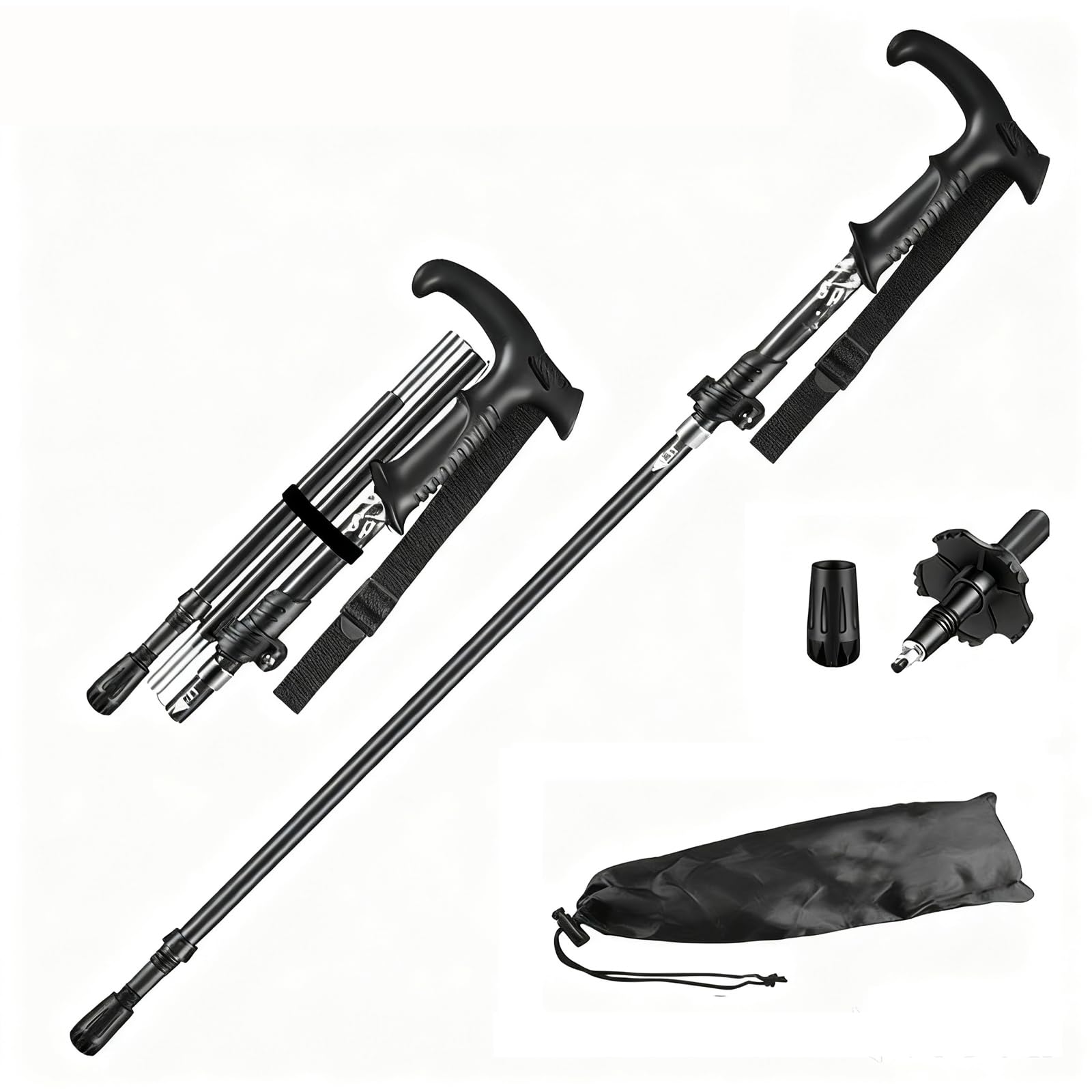 Folding Hiking stick, Walking Pole, Single Trekking Pole, Walking Stick for Hiking, Camping, Lightweight Backpack travel Staff, Best Gift for Outdoor Enthusiasts (Black T handle, Short)