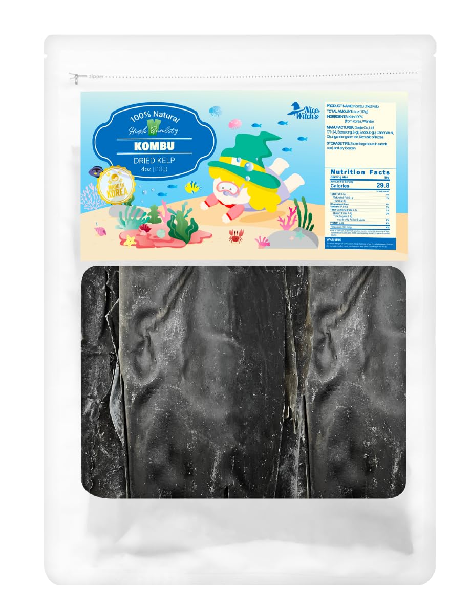 NICE WITCH'S Korean wild Kombu 100% Pure Dried Seaweed Traditional Hand Harvested Dried Kelp 4oz - Seaweed Kelp, DASHI, 1 Pack, / Product of Korea 다시마