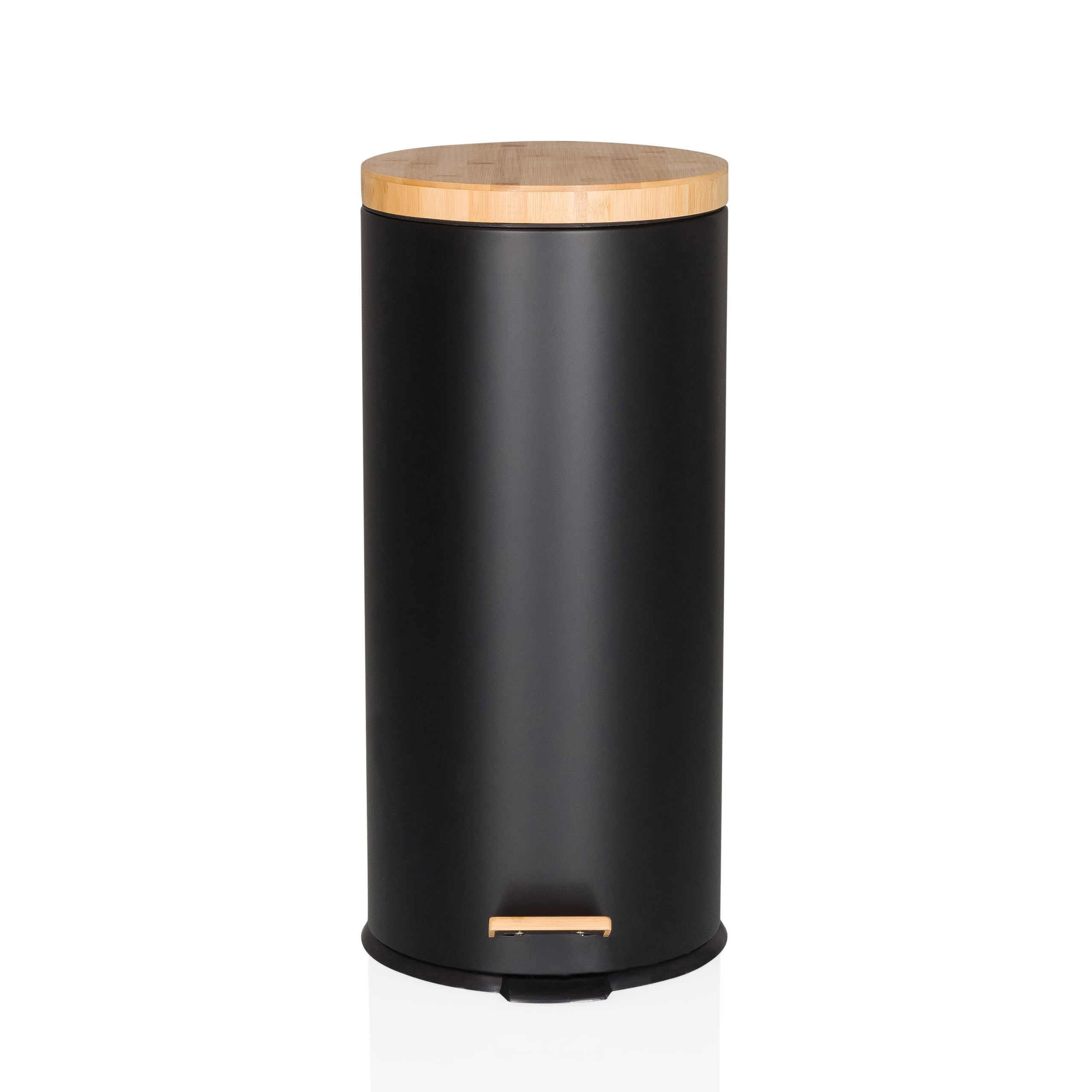 hjh OFFICE Mülleimer 30 Liter, Treteimer mit Bambus-Deckel, Softclose CLEAN BAMBOO Metall Abfalleimer mit Inneneimer, Schwarz Matt