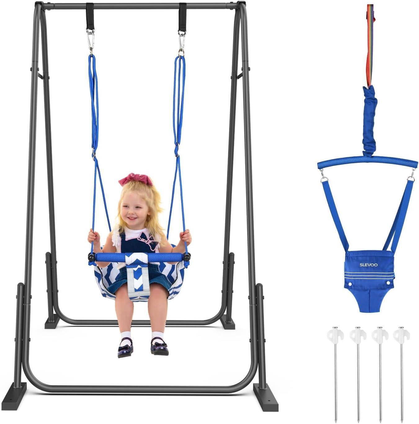 Slevoo 2-in-1 Baby Jumper and Toddler Swing Set with Foldable Metal Frame, Indoor and Outdoor Play for Ages 6 Months to 6 Years, Supports Up to 200 Pounds (Black)