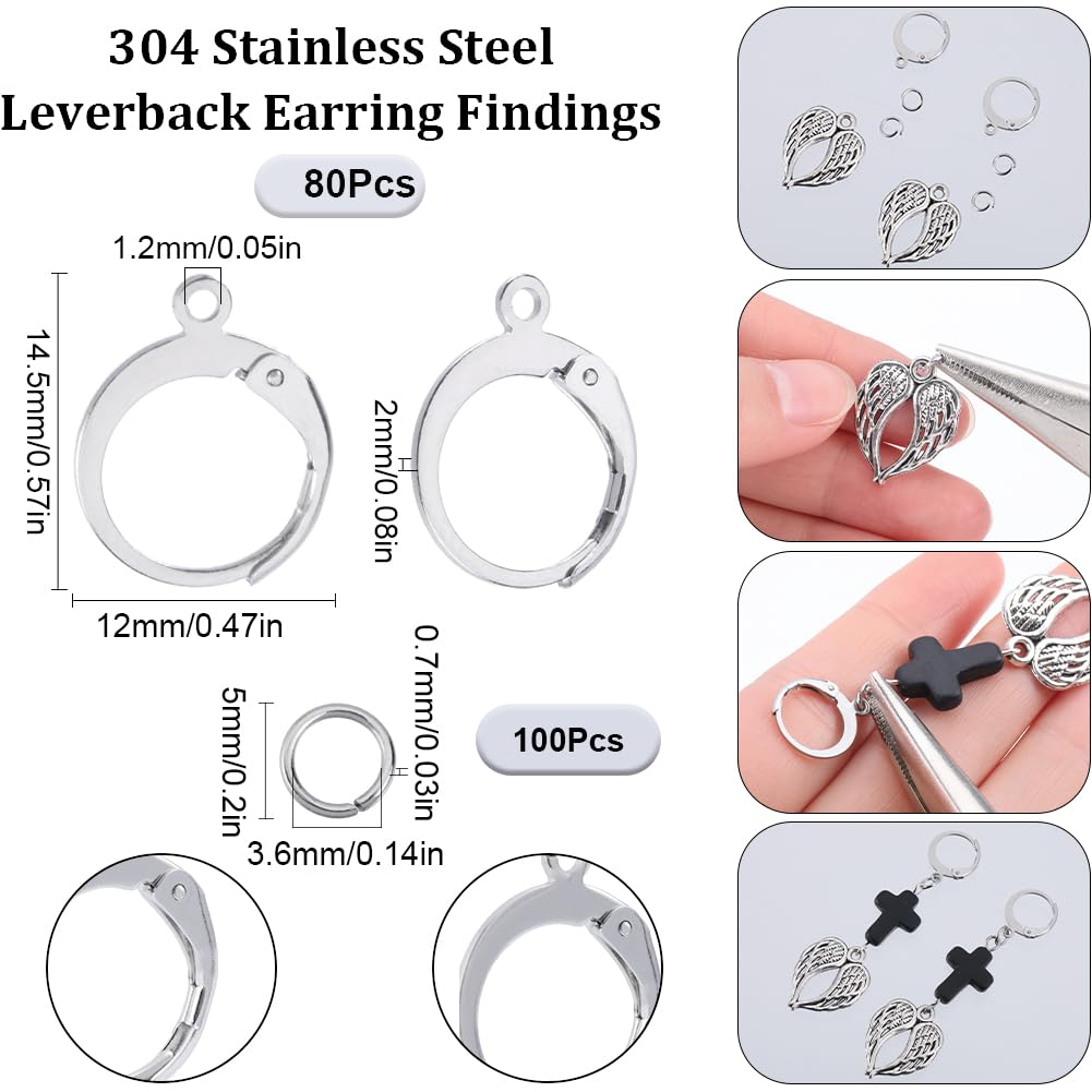 SUNNYCLUE 1 Box 180Pcs Earring Findings Kit 80Pcs 304 Stainless Steel Leverback Earring Hooks 100Pcs Open Jump Rings Lever Back Round Huggie Hoops Leverbacks Earrings Clasps for Jewellery Making Kits - Image 2