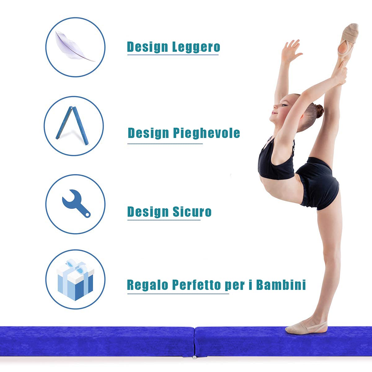 RELAX4LIFE Trave da Ginnastica Pieghevole 210 cm, Trave di Equilibrio per Palestra e Casa con Base Antiscivolo, Cerniere e Schiuma, Allenamento Fitness per Bambini e Adulti (Blu)