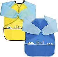 Vista 11 de Paquete de 4 delantales de pintura artística para niños con manga larga y 3 bolsillos para niños de 3 a 8 años, Azul y Amarillo