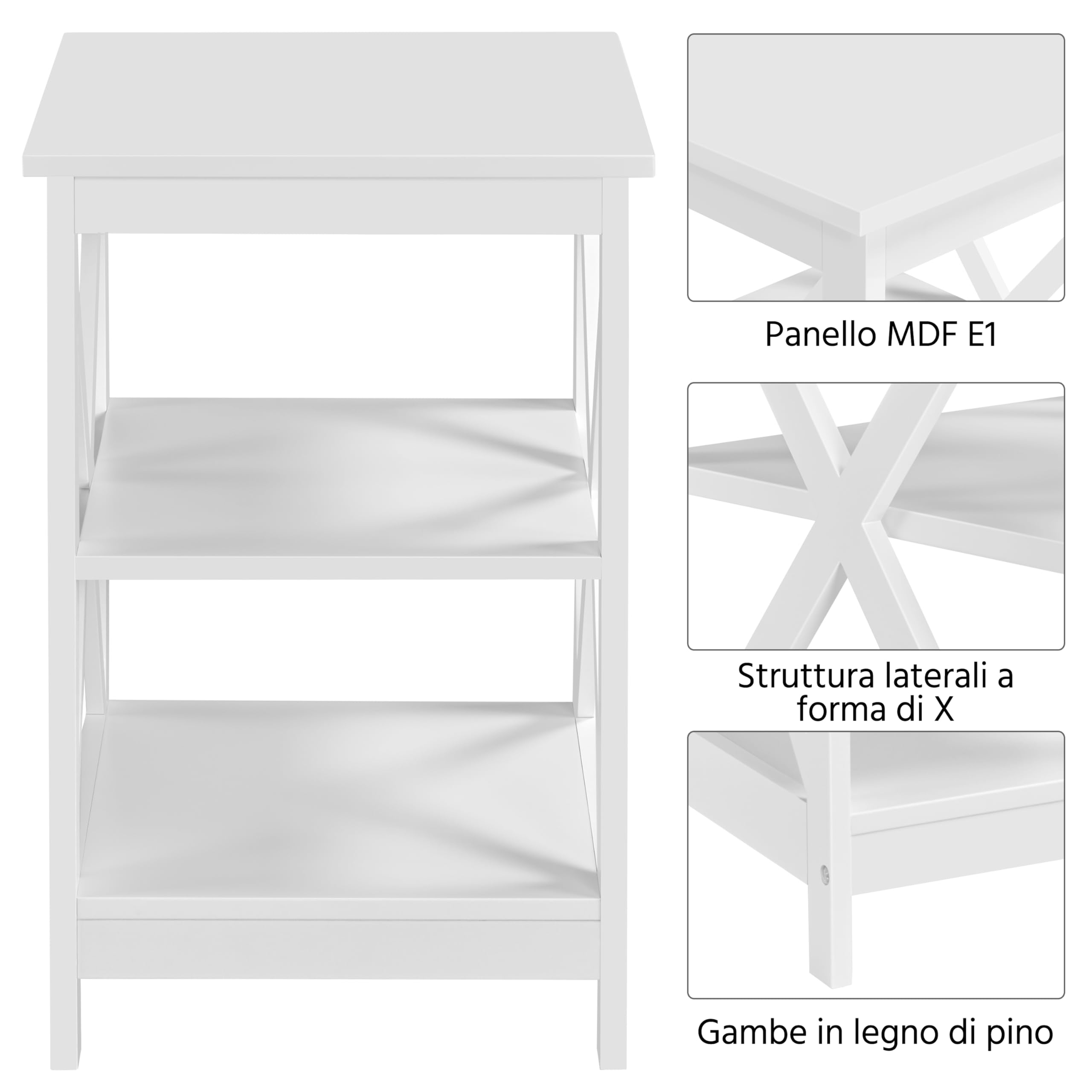 Yaheetech Tavolino Basso da Salotto a Forma X | Tavolino da Caffè a 3 Ripiani Bianco Design Moderno Comodino da Camera da Letto Soggiorno 40 x 40 x 61 cm