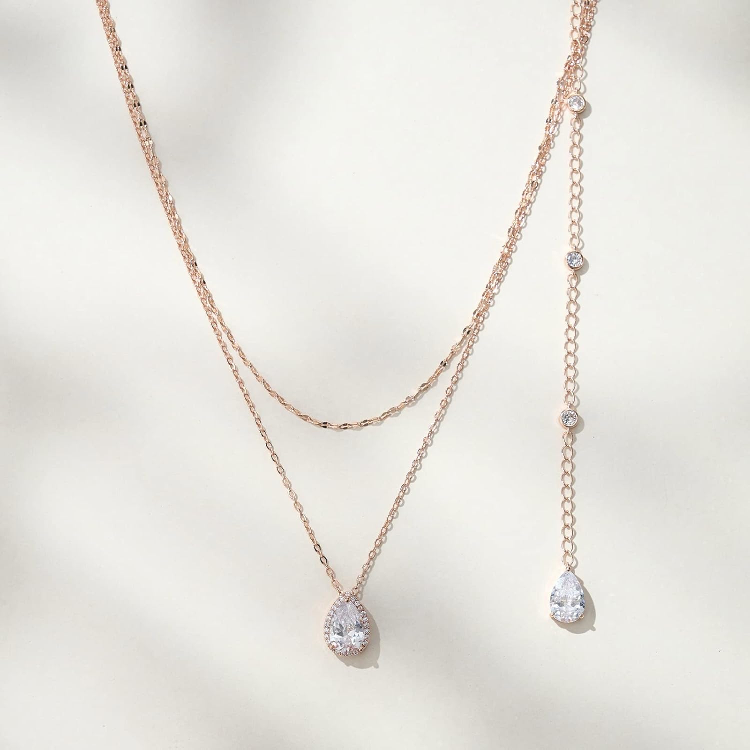 SWEETV Teardrop Wedding Back Necklace for Bride Bridesmaids, Cubic Zirconia Simple Back Pendant Bridal Necklace for Wedding Party