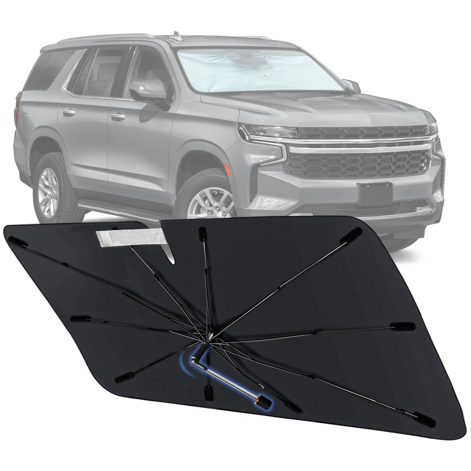 Windshield Sun Shade Umbrella for Chevrolet Tahoe 2021-2024, Foldable Front Window Sunshade with 360° Rotating Shaft, Custom Fit Car Shades for