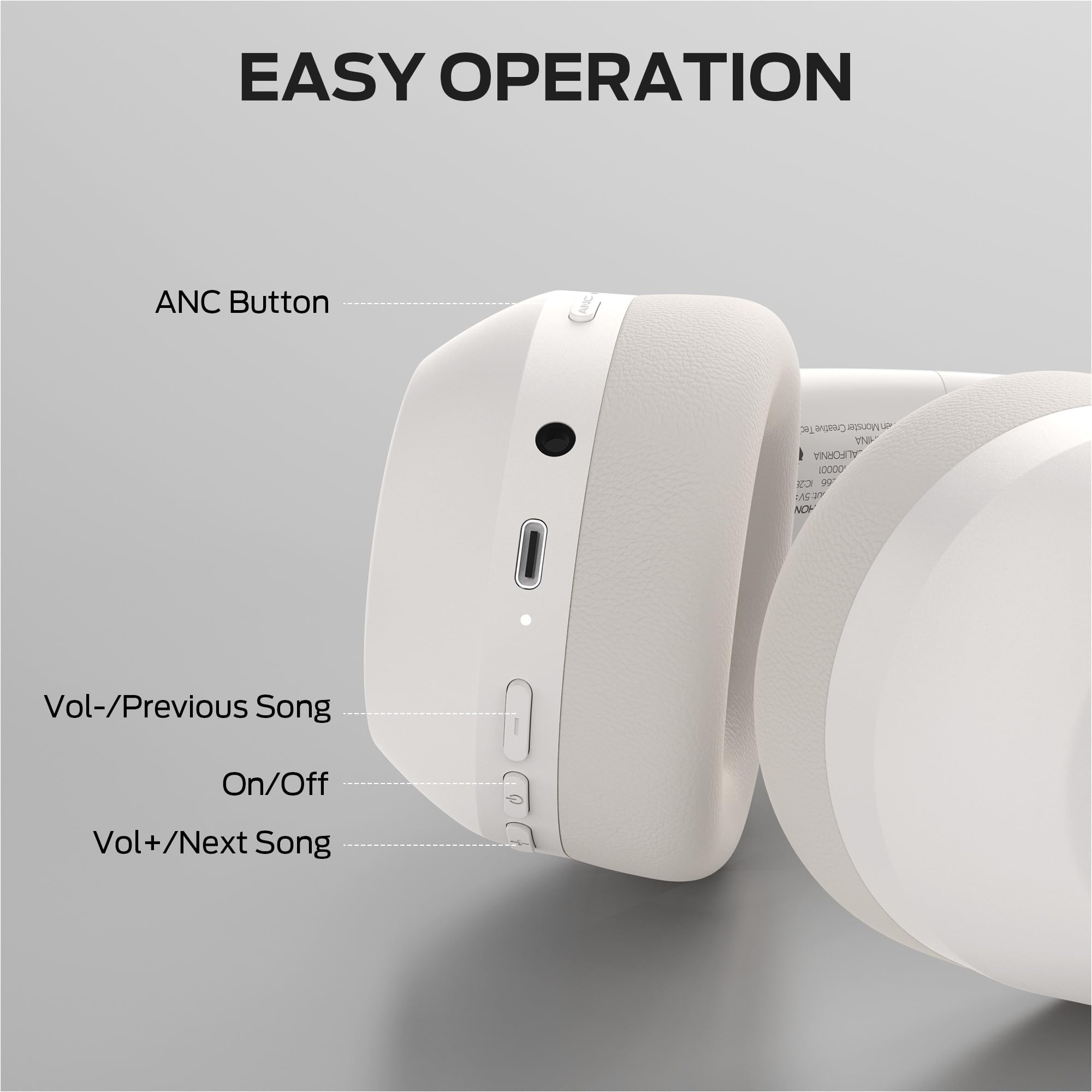Monster Persona 6th ANC Active Noise Cancelling Headphones, Bluetooth Headphones Over Ear with 3 EQ Modes, HiFi Stereo Audio, 60H Playtime, Bluetooth 6.0, Wireless Headphones for Work Travel, White — view 8
