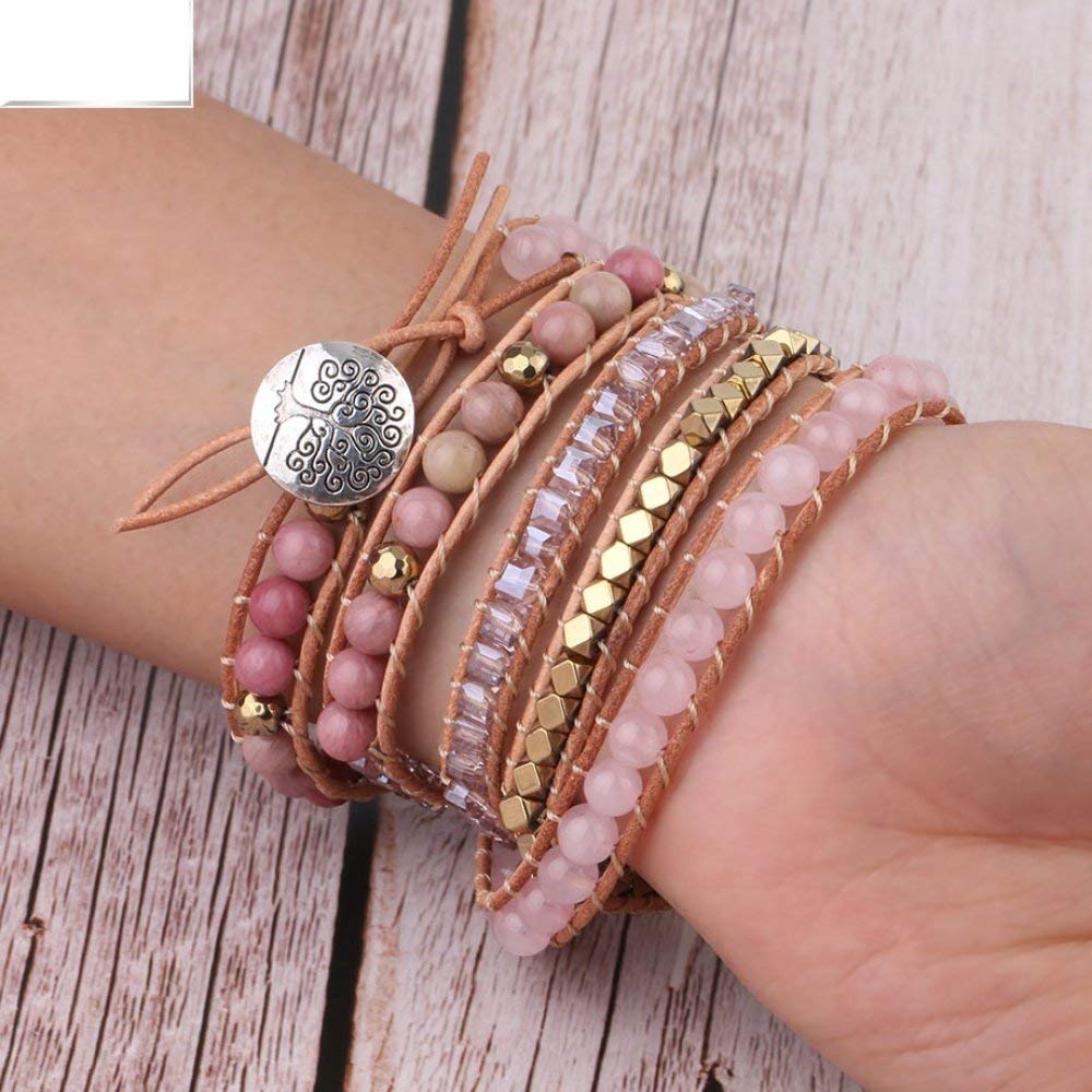 WJFGGXHK - Braccialetto da donna con pietra di quarzo rosa, lunghezza 6 mm, bracciale con pietra naturale rosa, bracciale in pelle di quarzo avvolgere gioielli con pietre rotonde di cristallo, idea regalo per ragazze