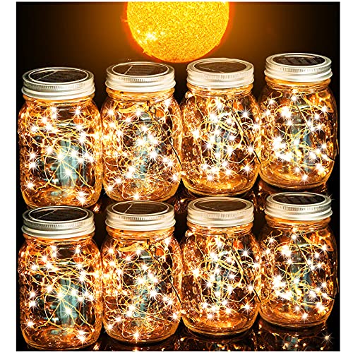 Cooo Garden Decor Solar Lantern 8 Pack 30LED Mason Jar Lights Solar Powered,Waterproof Hanging Outdoor Yard Backyard Garden Balcony Patio Lawn Pool Decor (Hangers & Handmade Jars included)-Warm White