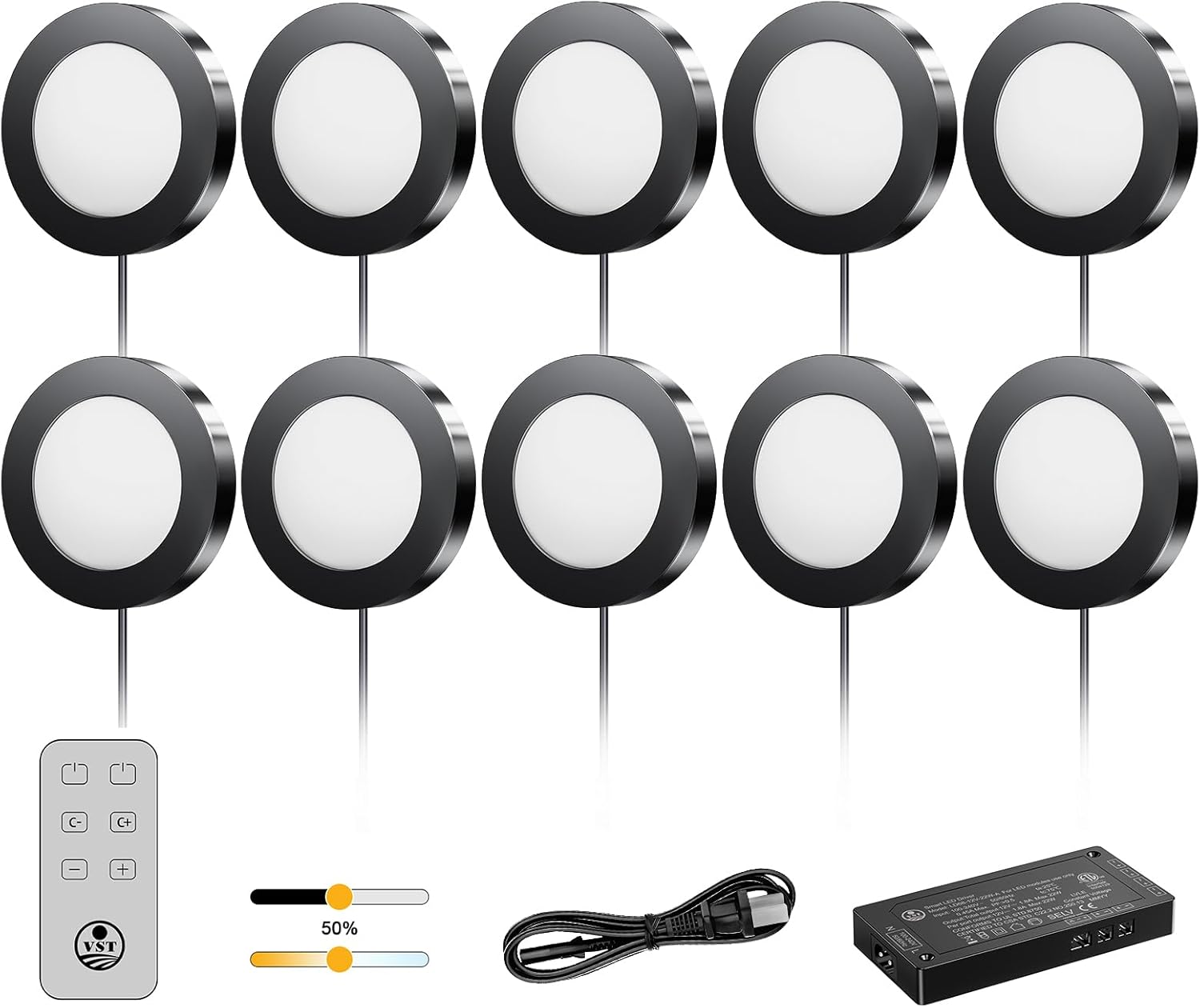 VST Under Cabinet Lights CCT 3000K-6500K, LED Puck Light Color Temperature and Brightness Adjustable with Touch Remote Dimmer and ETL-Listed Led Driver for Drawer Wardrobe Kitchen