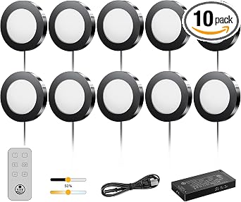 VST Under Cabinet Lights CCT 3000K-6500K, LED Puck Light Color Temperature and Brightness Adjustable with Touch Remote Dimmer ETL-Listed LED Driver for Drawer Wardrobe Kitchen 10Pcs Black