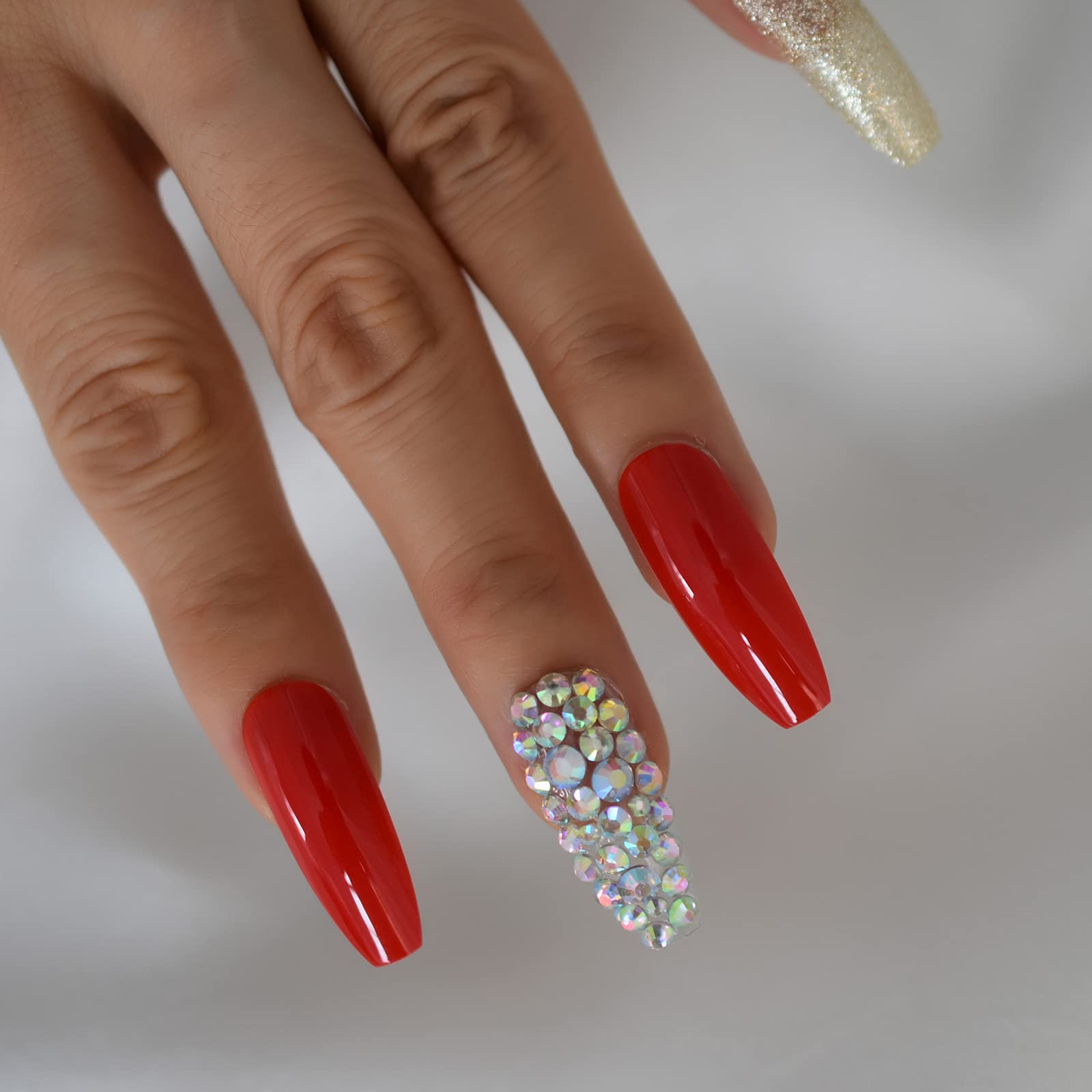 Amazon.com: Red Press On Nails With Rhinestones Extra Long Gold Glitter  Fake Nails Set Ballerina Coffin Sexy Bling False Nails Full Cover Nail Tips  For Finger : Everything Else