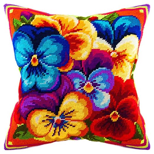 Rainbow of Violas. Needlepoint Kit. Throw Pillow 16×16 Inches. Printed Tapestry Canvas, European Quality