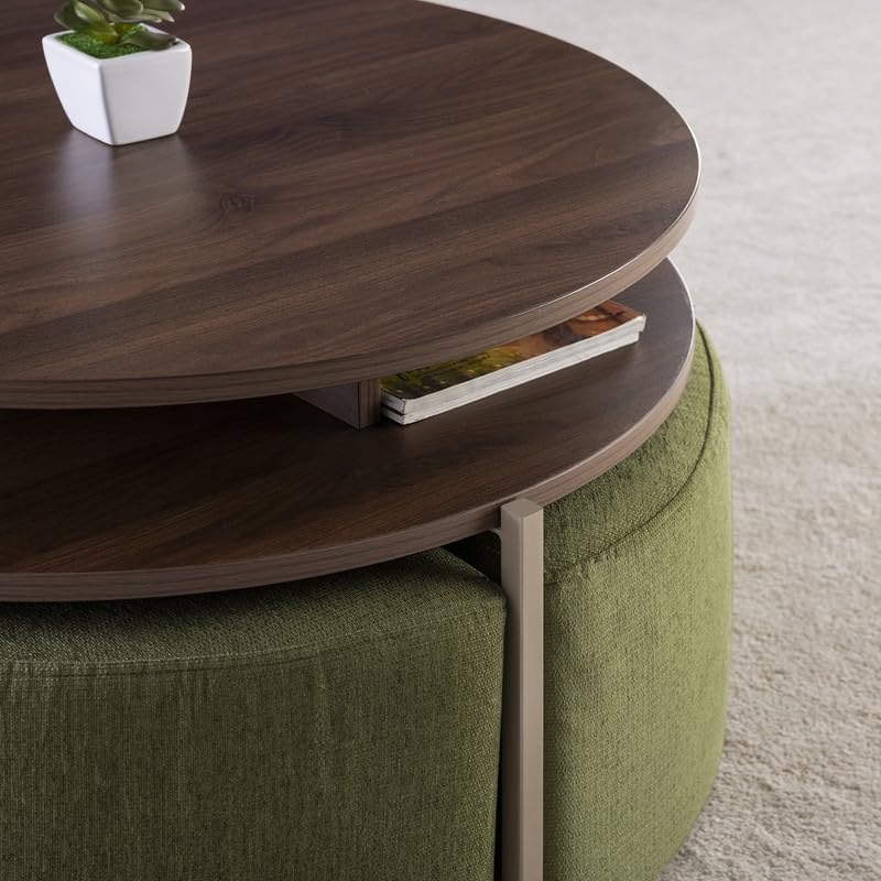 Image of FURLENCO Engineered Wood FOMO Nested Center Table with 4 Pouffs in Mushroom Beige, Space-Efficient Table Set for Living Room (Smoked Walnut - Small)