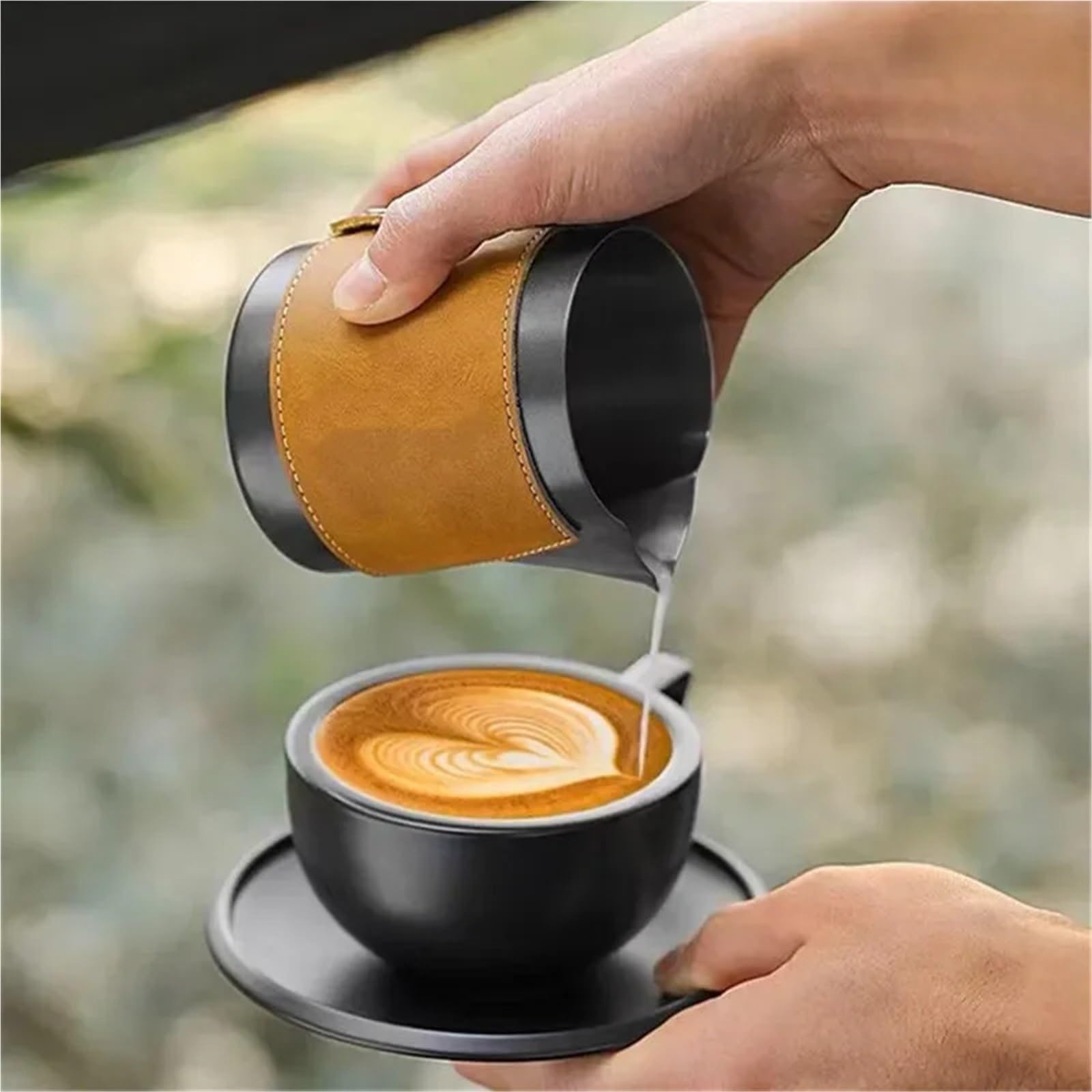 Taza de café Latte acero inoxidable, Funda cuero con boca puntiaguda, taza espuma leche gruesa, herramientas Barista, tanque flores, 2 uds Para Espumar(White-450ml)