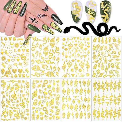 Schlange Nagelkunst Aufkleber, EBANKU 8 Blätter 3D Selbstklebende Nagel Abziehbilder mit Schlange Design Nagelkunst…