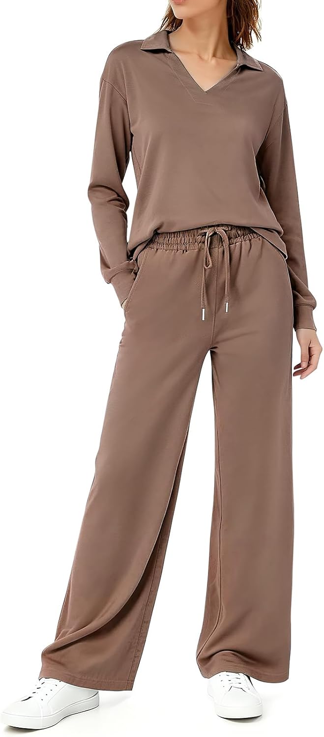 2 Piece Lounge Set for Women Sweatsuit Travel Outfits Fall Leisure Sweatshirt Matching Wide Leg Pants Sets