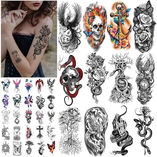 77 Sheets Phoenix Skull Snake Temporary Tattoos for Adult Men Women Kids, Tree of Life Butterfly Rose Feather Half Arm Fake Tattoos Stickers
