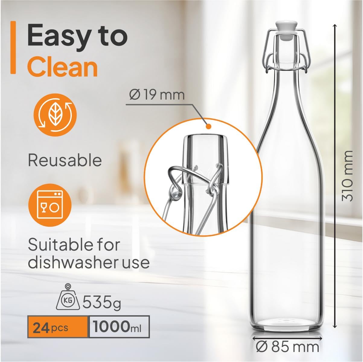 Set di 24 Bottiglie in Vetro da 1L con Chiusura Ermetica - Bottiglia per Olio, Vino, Liquori, Acqua, Birra, Succhi di Frutta, Conserve e Latte - Bottigliette di Vetro piccole