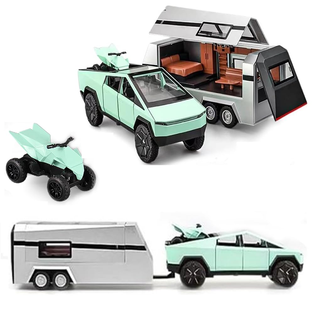 1/32 Pickup Trailer RV Model Kit, Truck and Trailer Toy with Sound Light Pull Back, Off-Road Pickup Truck Model toy with Motorcycle, Alloy Diecast Vehicles Cars Toys Gifts for Boy Girl Adult