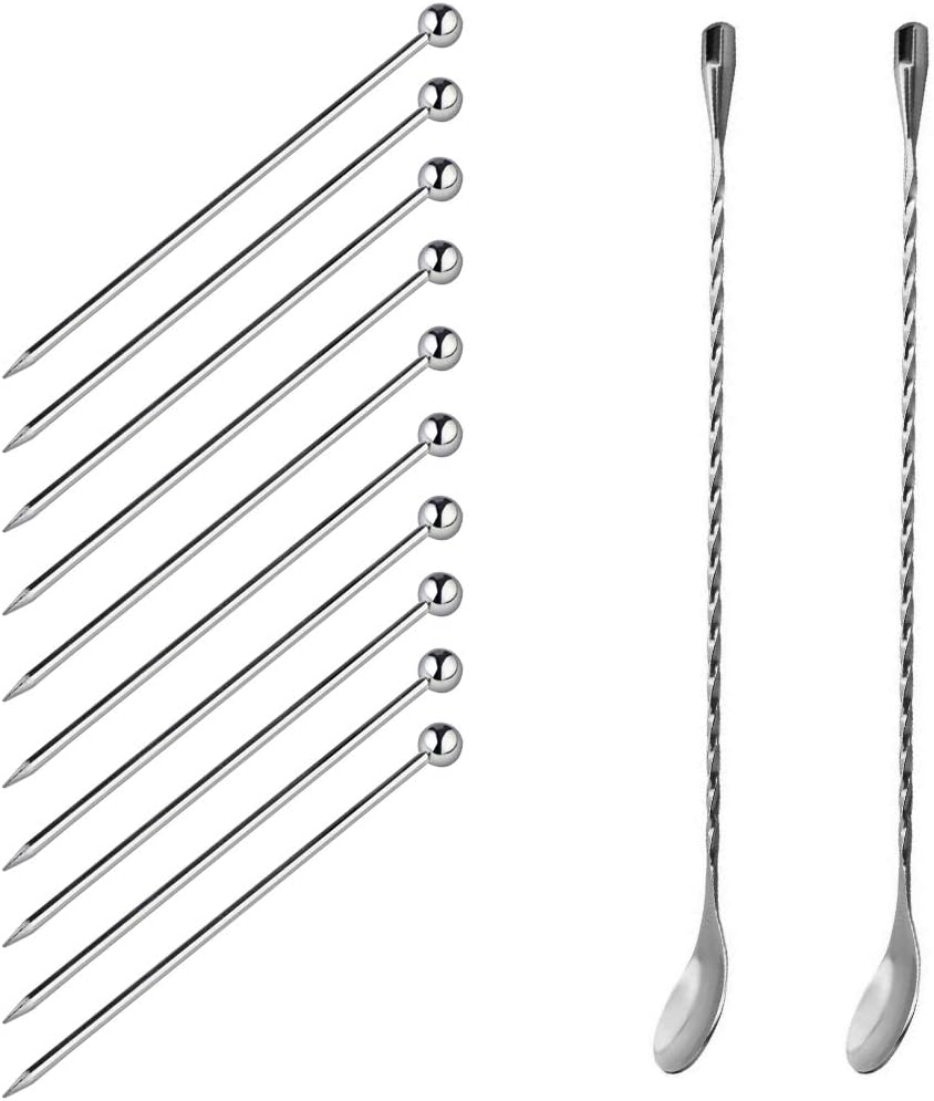 SourceTon Set of 12 Stainless Steel Cocktail Picks&Mixing Spoons, 10 Pieces 4 Inches Cocktail Picks and 2 Pieces 12 Inches Spiral Pattern Bar Cocktail Shaker Spoon