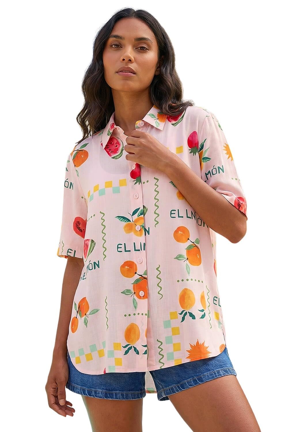 Roman Women's Light Pink Fruit Print Collared Shirt Size 14