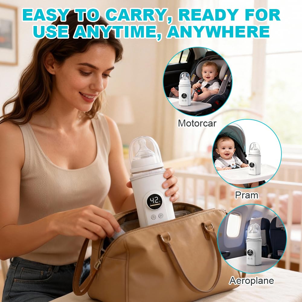 Chauffe-biberon portable pour bébé, plug-in, chauffe-biberon portable pour bébé en déplacement, 6 températures réglables 38-50 °C, chauffe-biberon avec écran LCD, blanc