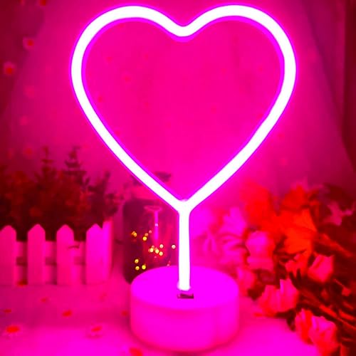 Letrero de corazón de neón, luz LED rosa con base, decoración de corazón alimentado por USBbatería para dormitorio, decoración del día de San