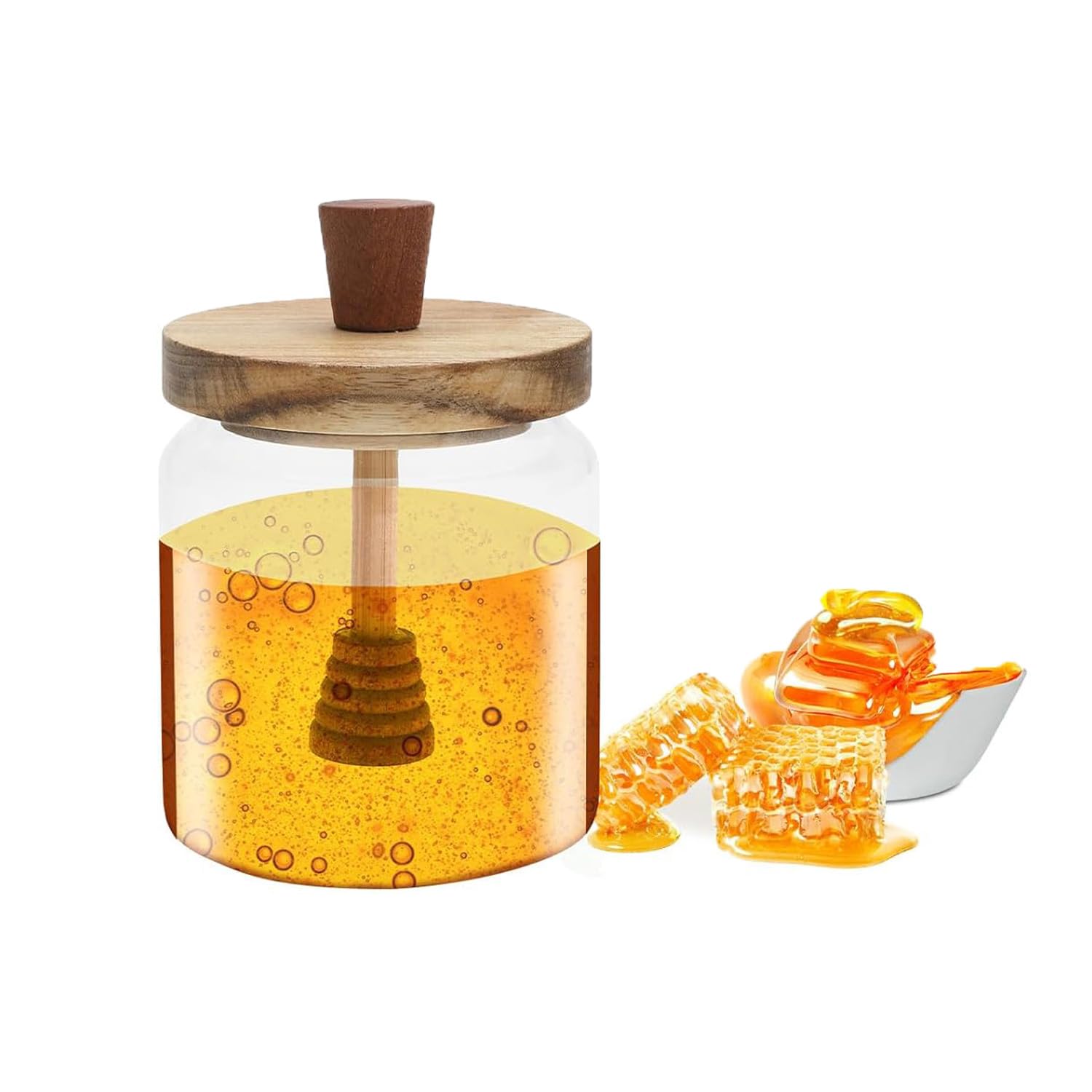 Dosatore Miele, Vasetti Miele, Porta Miele Vetro, Barattolo Di Vetro Per Miele, Dispenser Per Miele, Con Cucchiaio Di Legno e Coperchio, Utilizzato Per l'Erogazione Del Miele, Facile Da Pulire