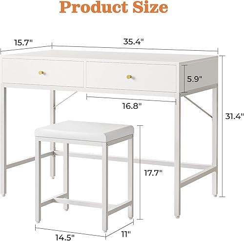 Miniatura 3 de SUPERJARE 35.4" White Desk with 2 Drawers, Modern Makeup Vanity with Padded Stool, Small Computer Desk Home Office Desk for Writing Study Bedroom