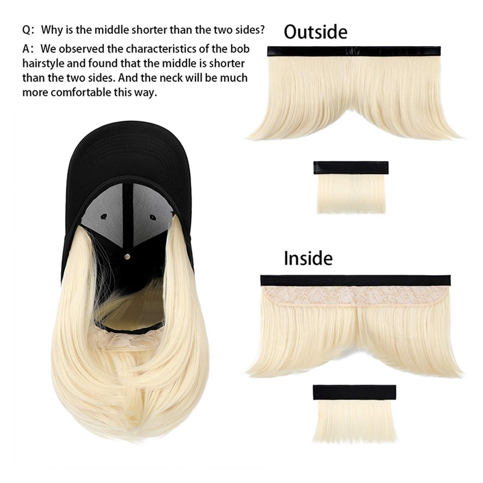 JUNXIAN Wig Cap Baseball Cap Wig Synthetic Hat with Hair Wig Natural Black Wigs Naturally Cap with Wig Hat Wigs Bobo Adjustable for Women Wig Hat(4)