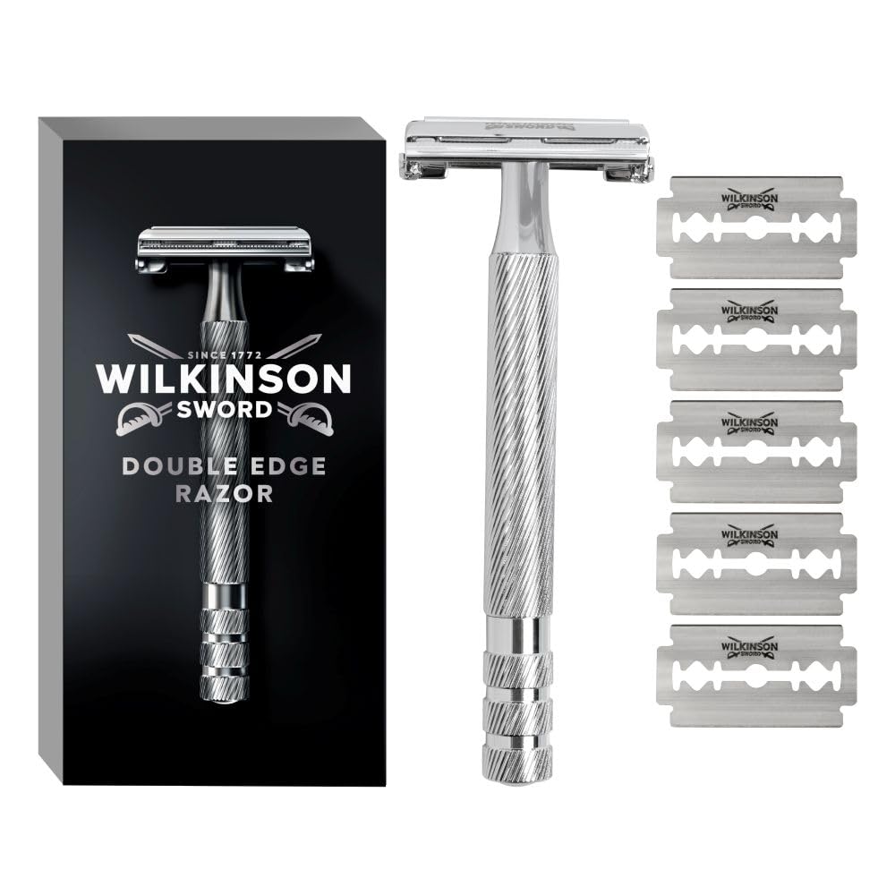 Wilkinson SwordDouble Edge Razor For Men, Barber's Style Wet Shavers for a Close and Comfortable Shave, 1 Double-Sided Razor Handle plus 5 Blades Refills Pack