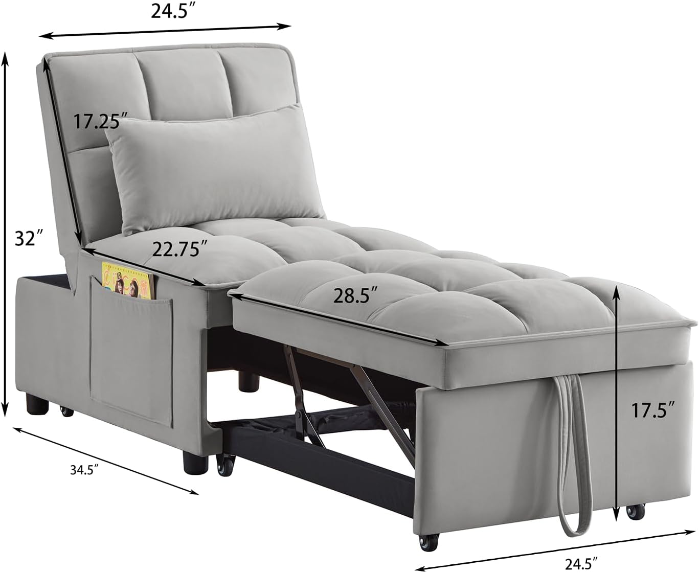 Gray 3 in 1 Convertible Chair Sleeper Bed Single Recliner Hide a beds Chairs for Adults with Pullout Bed Side Pocket Adjustable Backrest and Pillows Velvet Bedroom Foldable Couch