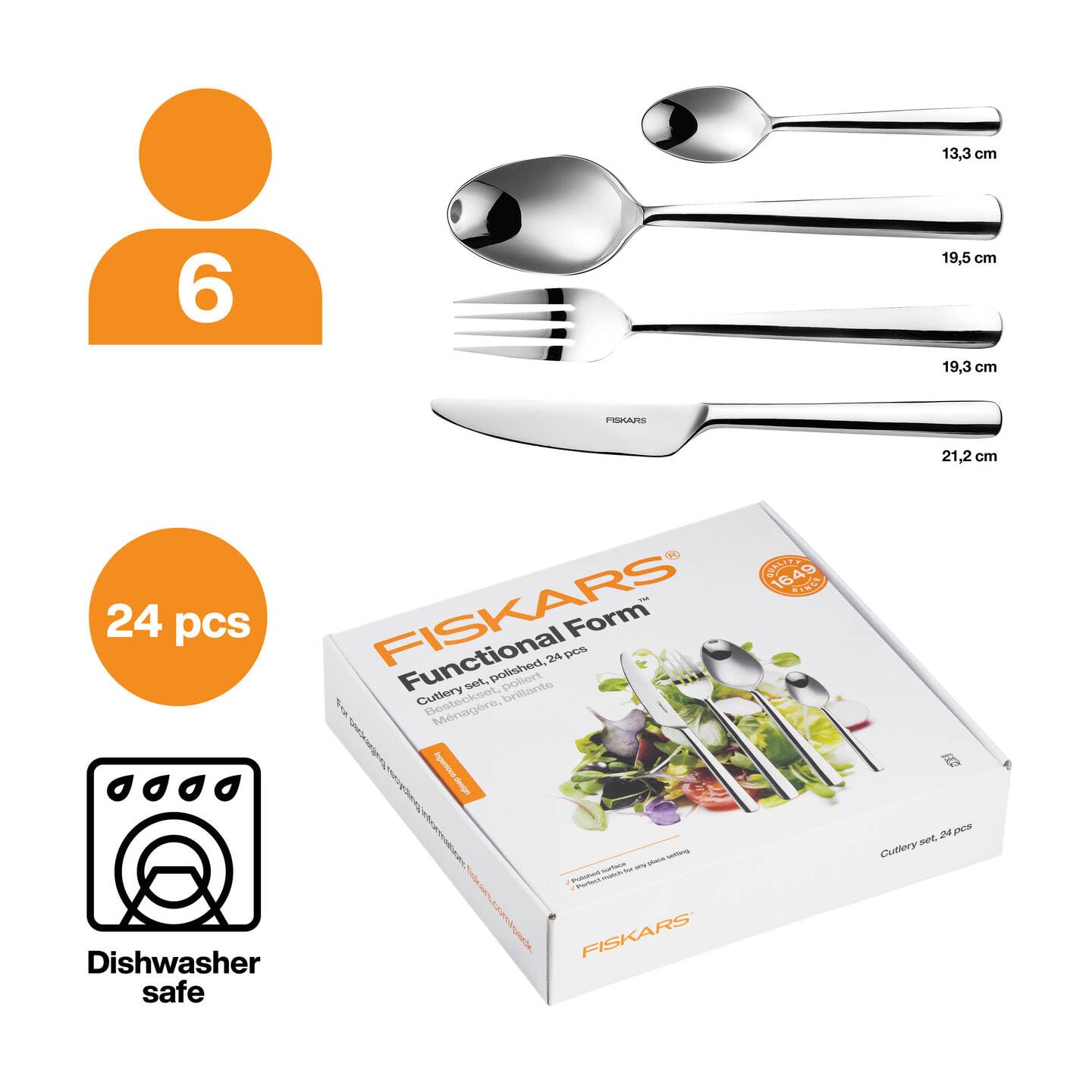 Fiskars Besteck-Set, 24-teilig, Functional Form, 6 Messer, 6 Gabeln | 6 Löffel und 6 Teelöffel, Edelstahl 18/10, Silber/Poliert, Geschenkbox, 1071623