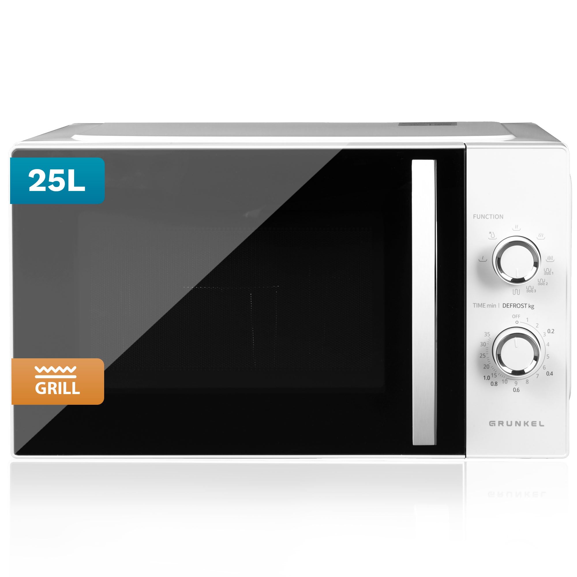 Microondas Grunkel con grill de 800w y 25 litros de capacidad MWG-25MA con 5 niveles de potencia, descongelacion y plato de 24,5cm. (Con Grill)