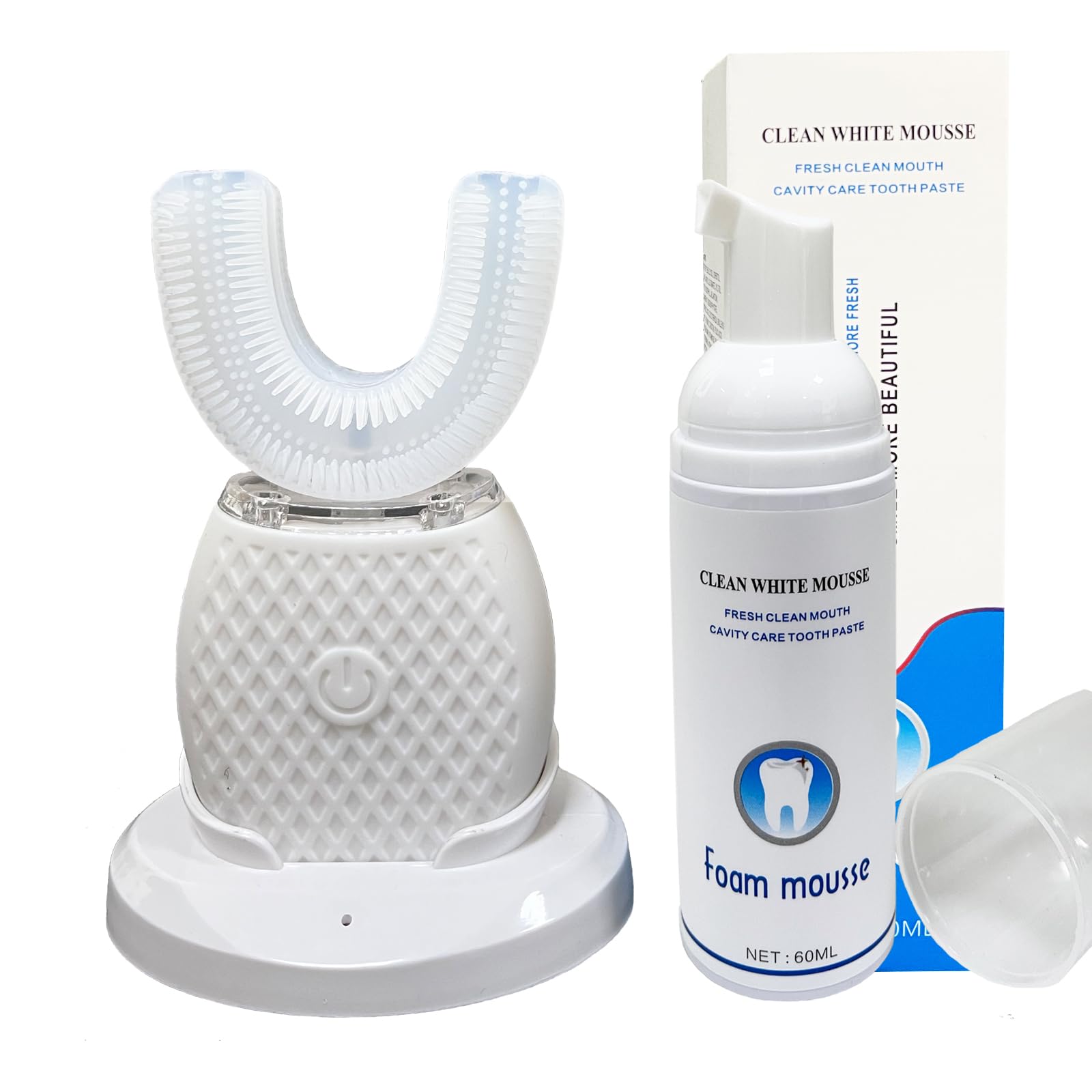 U-Shaped Automatic Ultrasonic Toothbrush, 360° Electric Toothbrush for Adults for Teeth Whitening, Rechargeable Ultrasonic Tooth Brush for Travel Home Dual-use (White, 1)